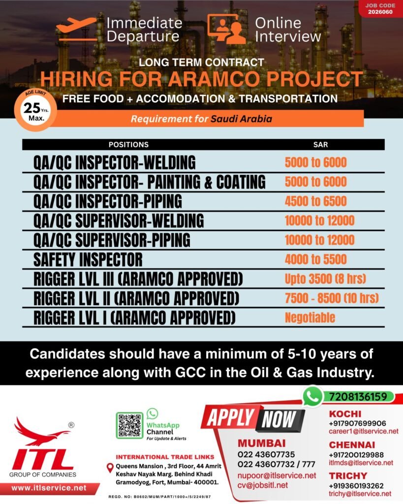 Aramco Project Jobs in Saudi Arabia – Apply Now - Immediate Departure