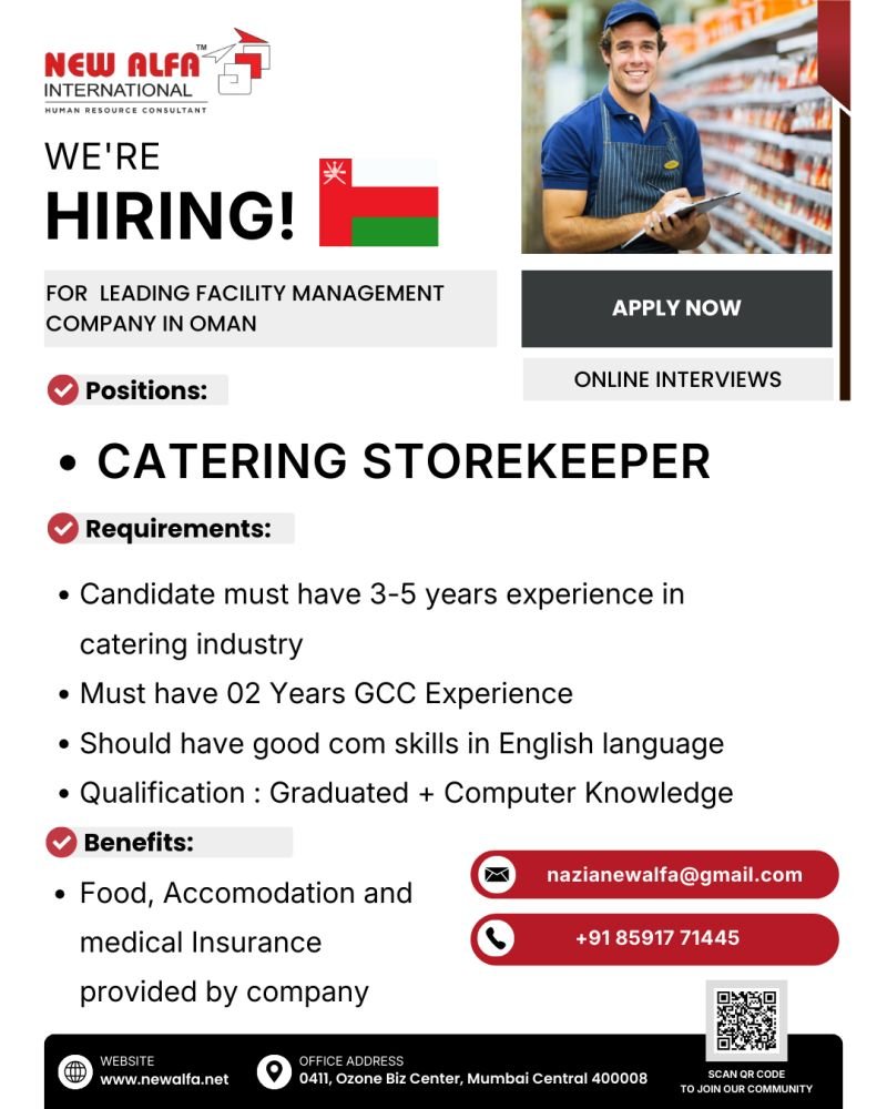 Hiring Catering Storekeeper For Oman
