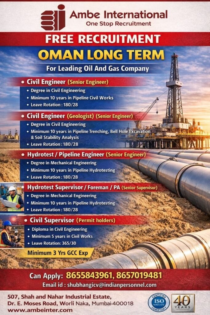 Oil and Gas Jobs in Oman – Free Recruitment for Engineers & Supervisors | Long-Term Project Oil and Gas Jobs in Oman – Free Recruitment for Engineers & Supervisors | Long-Term Project