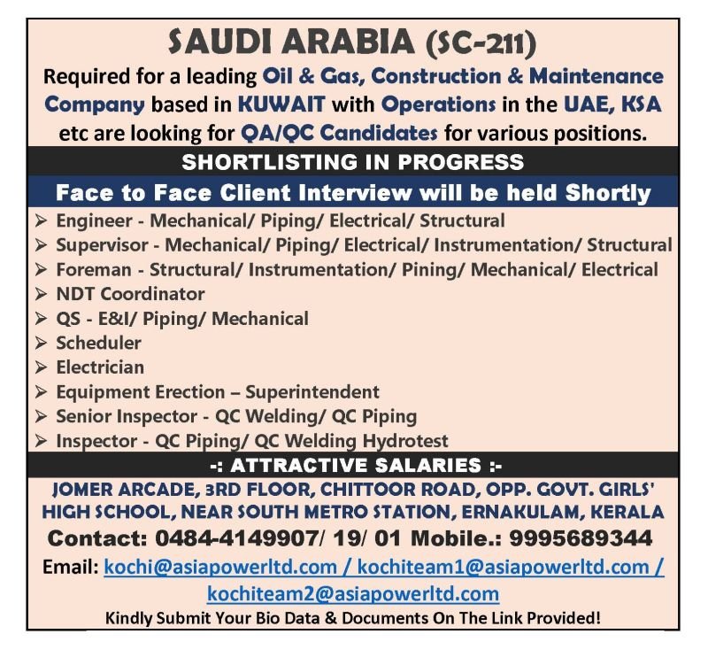 Oil & Gas Jobs in Saudi Arabia 2026 | Engineers, Inspectors & Supervisors Required