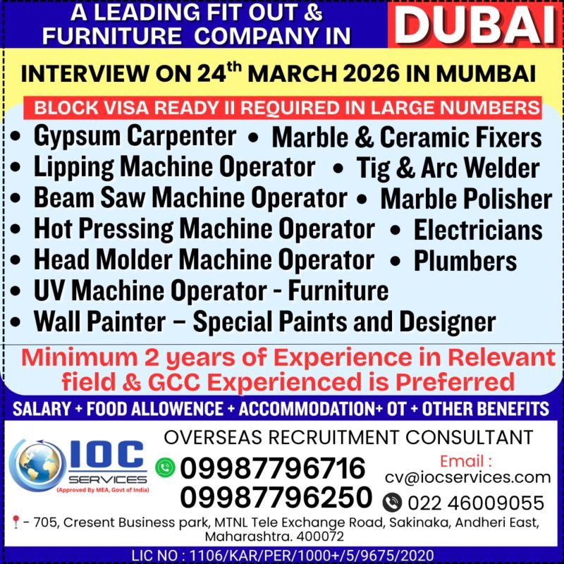 Urgent Job Openings in Dubai for Fit-Out & Furniture Company - Apply Now Urgent Job Openings in Dubai for Fit-Out & Furniture Company - Apply Now