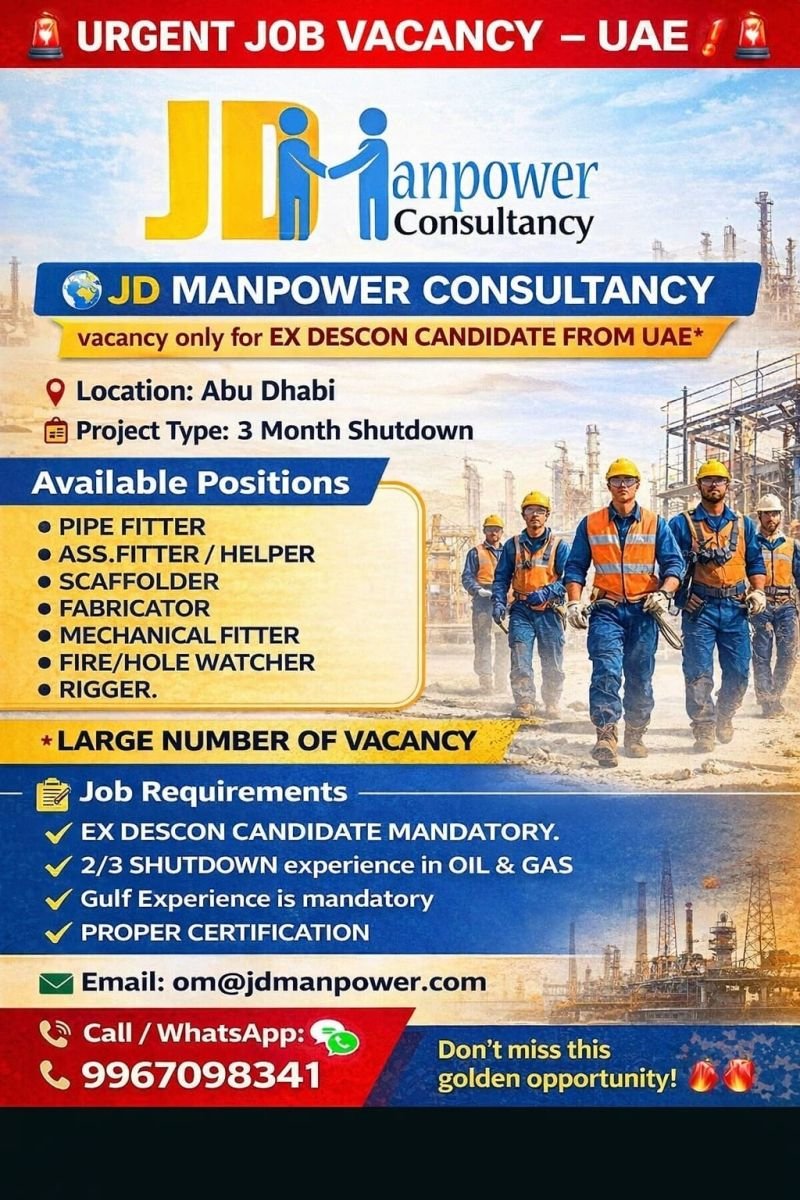 Urgent Shutdown Job Vacancy in Abu Dhabi, UAE (2026)