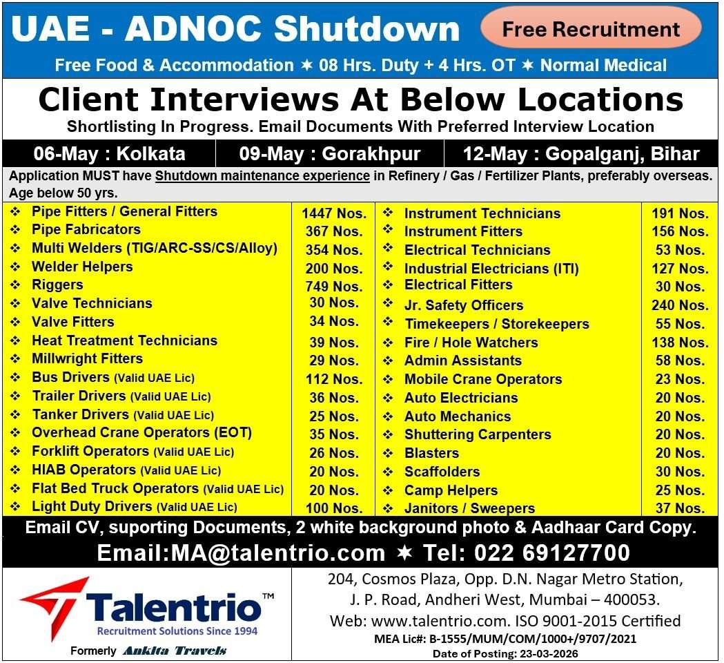 Shutdown Jobs UAE 2026 | 3000+ Vacancies – Free Recruitment