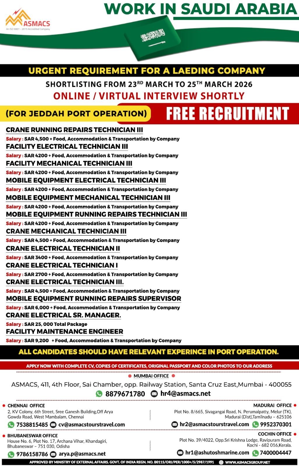 Urgent Job Vacancies in Saudi Arabia – Jeddah Port Operation (2026)