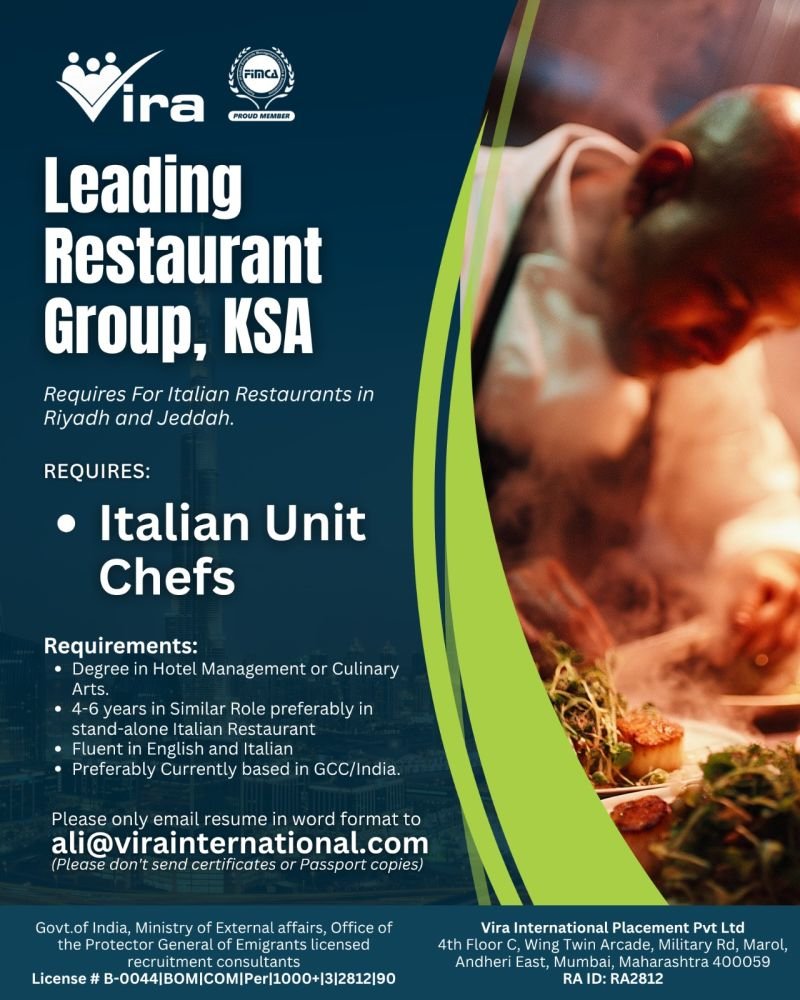 Hiring Chef For Restaurant Group in Saudi Arabia