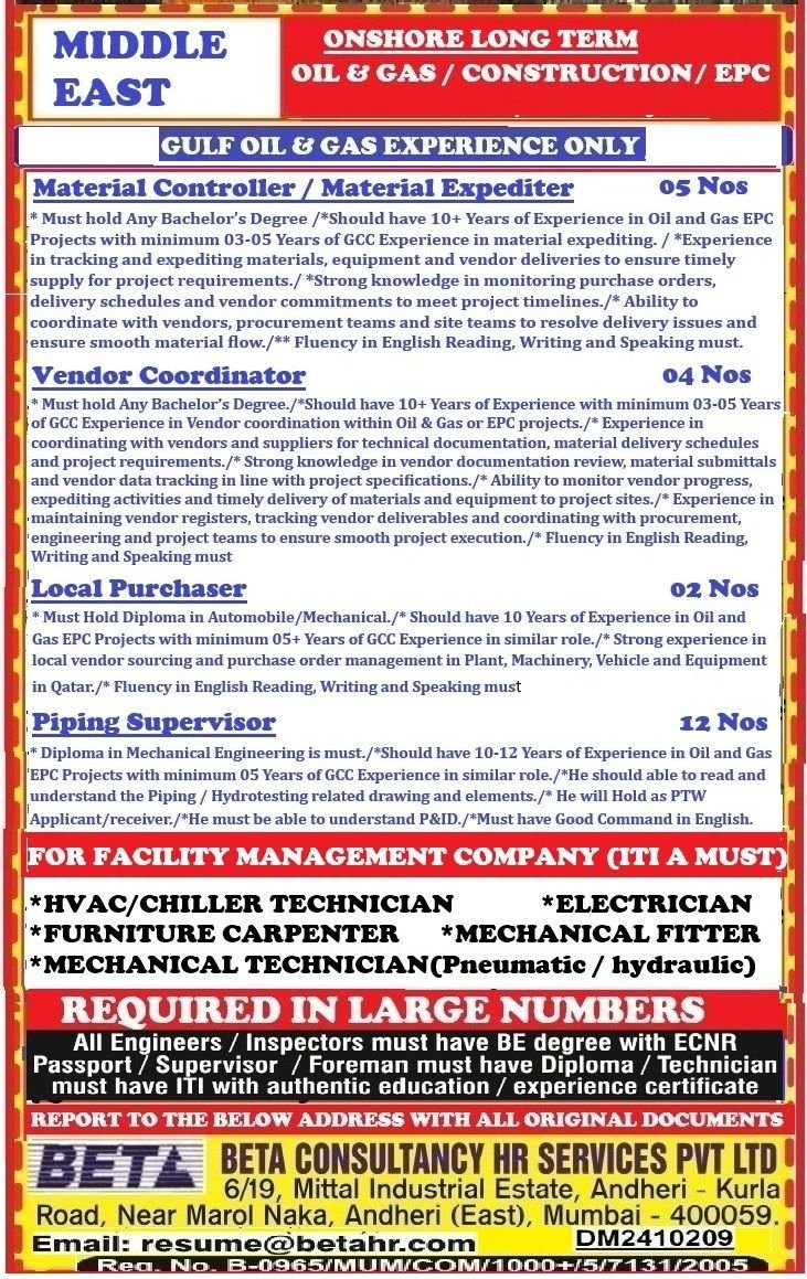 Middle East Jobs - Hiring For Onshore Long Term - OIL & GAS / Construction / EPC Project