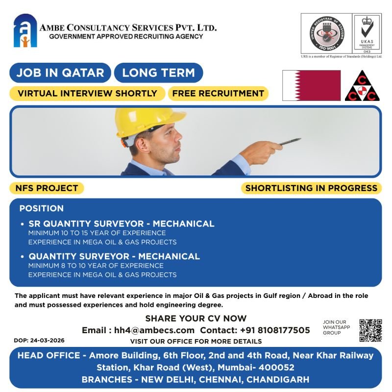 Qatar NFS Project Jobs 2026 – Mechanical Quantity Surveyor Hiring