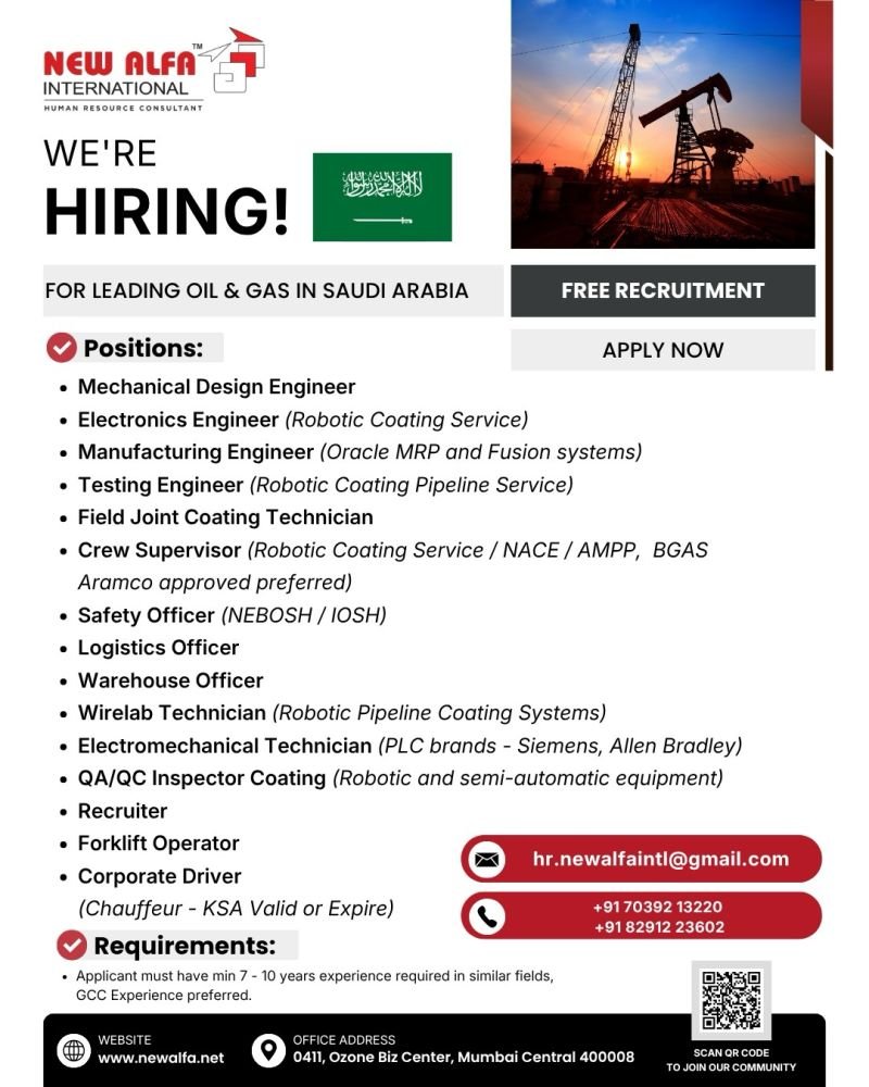 Saudi Arabia Oil & Gas Jobs 2026 – Free Recruitment