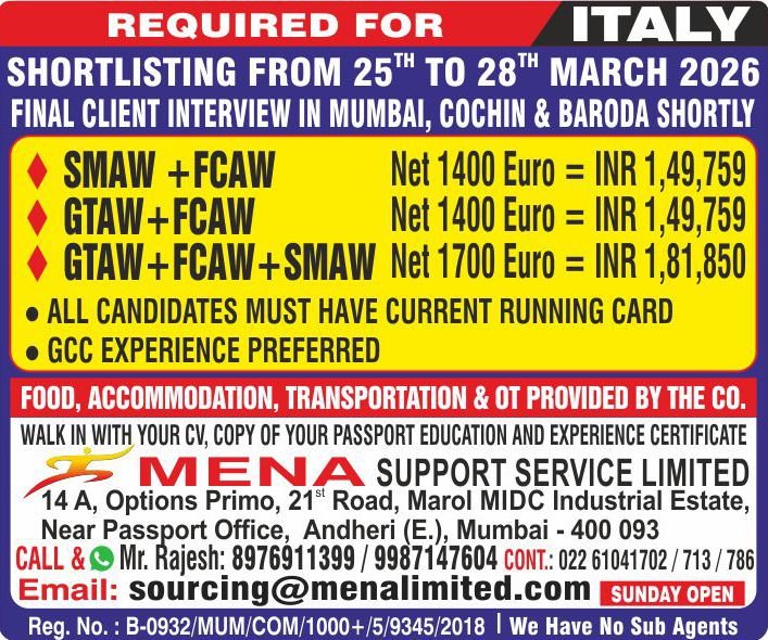 Urgent Hiring Italy for a Reputed Company in Italy 