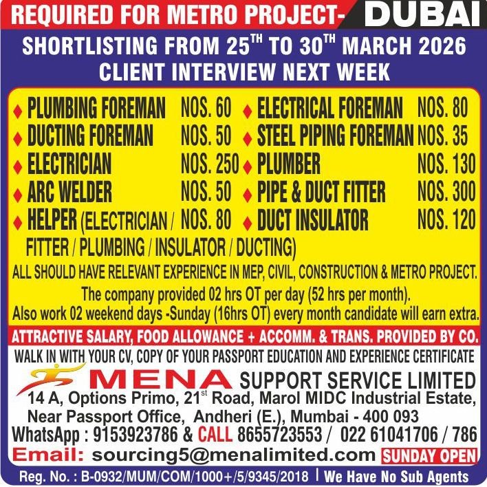 Urgent Hiring for Dubai Metro Project - Apply Now