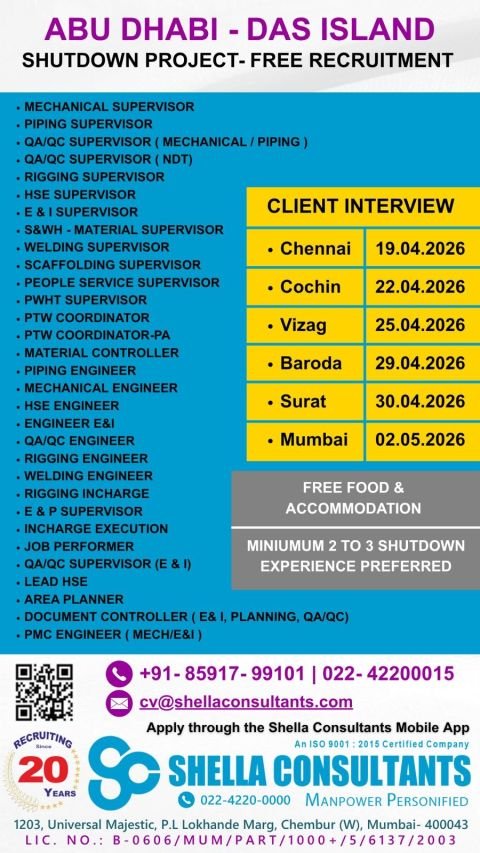 UAE Abu Dhabi Das Island Shutdown Project Hiring 2026 – Free Recruitment