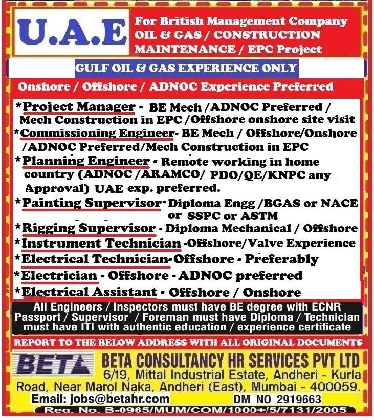 UAE - Hiring For for British Management Company - Oil & Gas / Construction / Maintenance / EPC Project