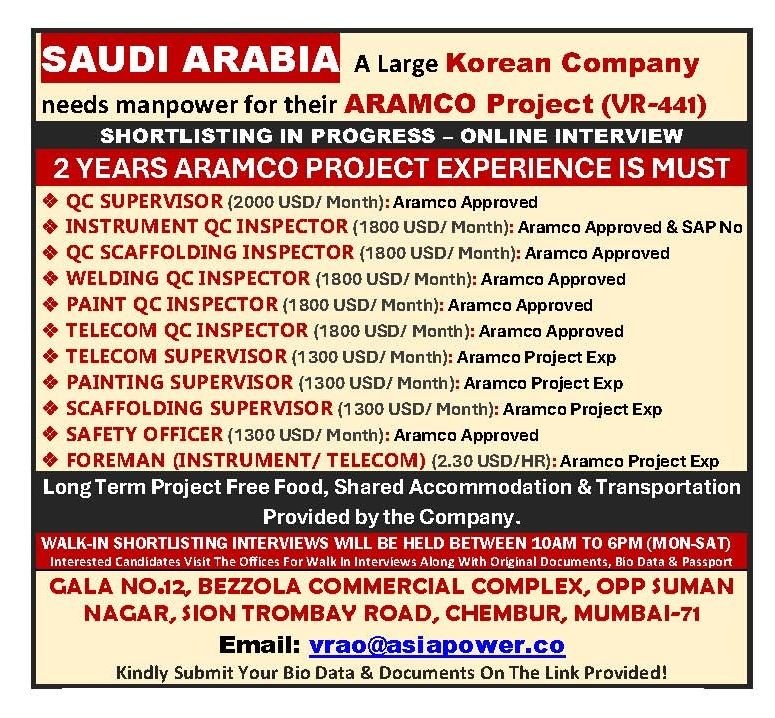 Saudi Arabia Aramco Jobs 2026 – QC Inspectors, Supervisors & Safety Officers Hiring | Korean Company