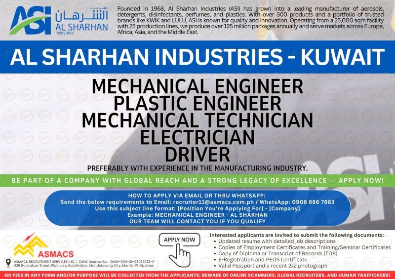 Hiring For Al Sharhan Industries (ASI) in Kuwait