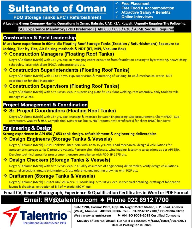 Oman Oil & Gas Jobs 2026 – PDO Storage Tank Project | Free Recruitment Apply Now