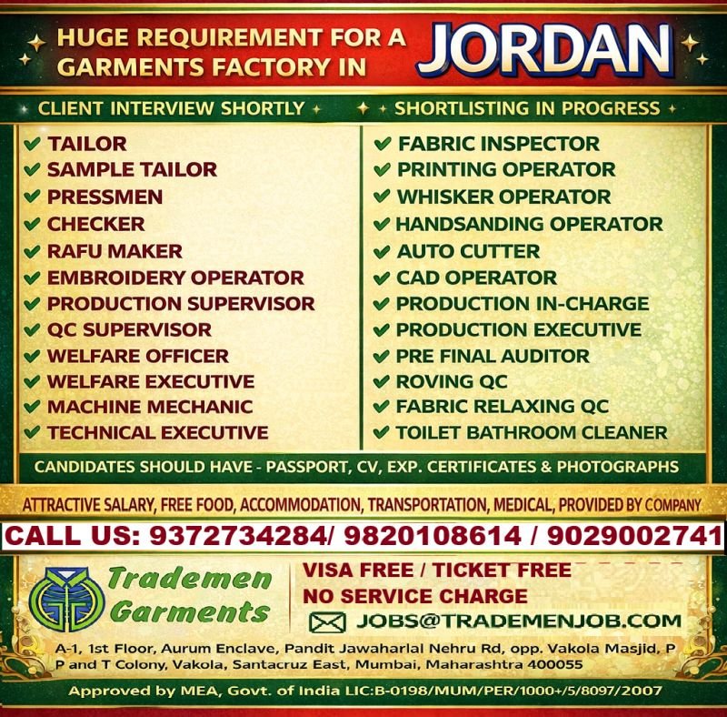 Jordan Garments Factory Jobs 2026 – Free Visa & Ticket | Tailor, QC & Operator Jobs