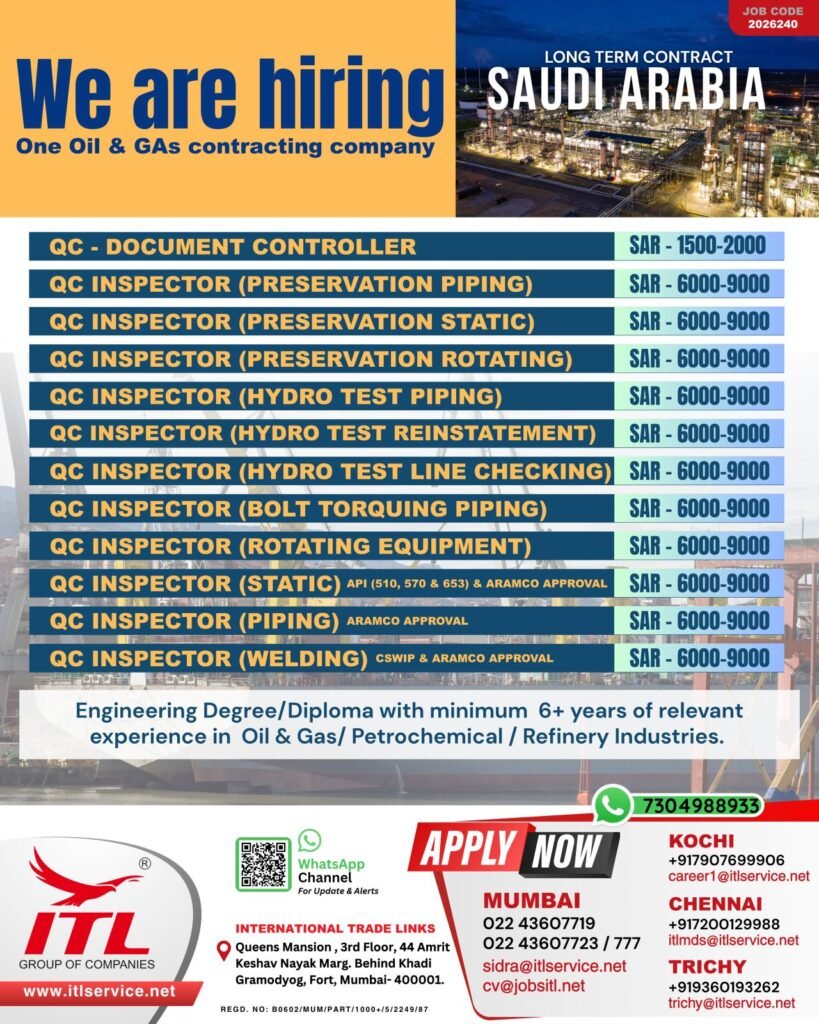 Saudi Arabia QC Inspector Jobs 2026 – Oil & Gas Vacancies | Salary Up to 9000 SAR