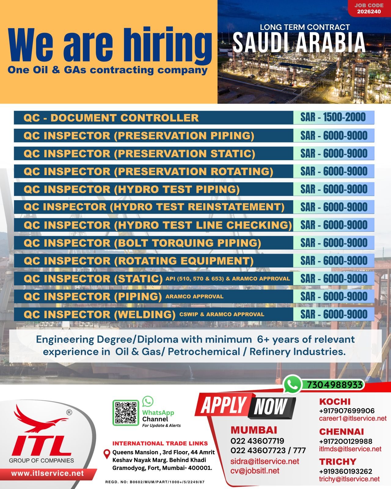 Saudi Arabia QC Inspector Jobs 2026 – Oil & Gas Vacancies | Salary Up to 9000 SAR