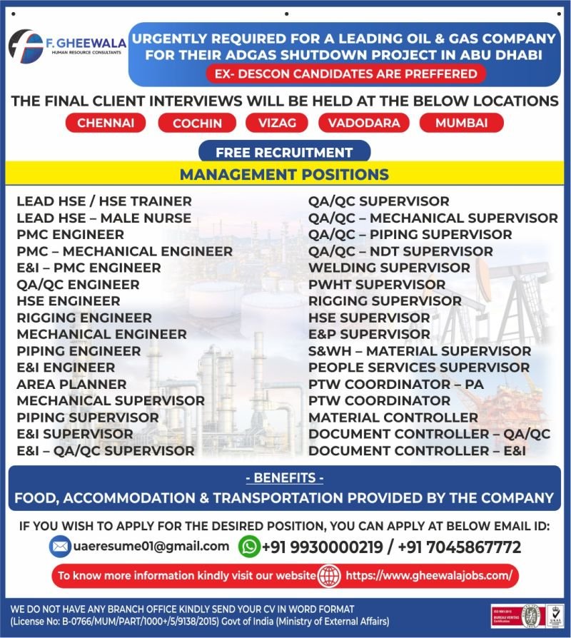 Abu Dhabi Oil & Gas Jobs – ADGAS Shutdown Project Hiring