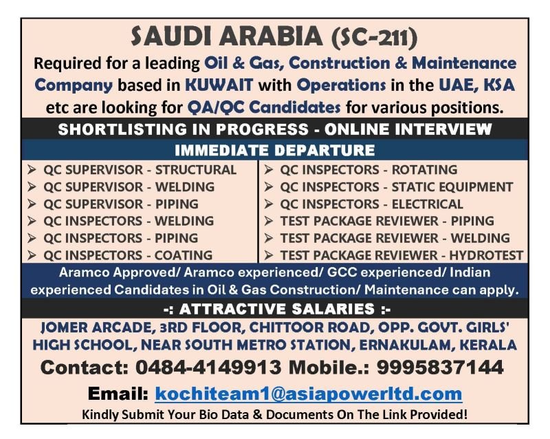 Saudi Arabia QA/QC Jobs 2026 – QC Supervisor & Inspector Vacancies | Oil & Gas Hiring