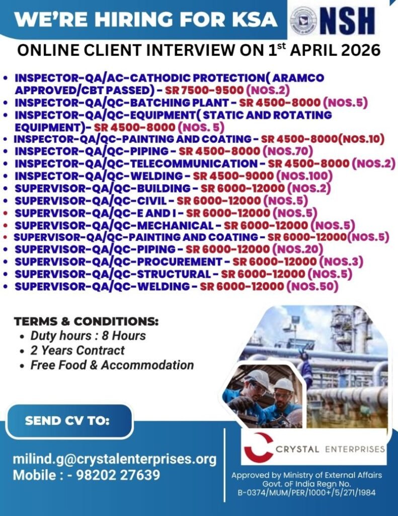 Saudi Arabia Oil & Gas Jobs 2026 – QA/QC Inspectors & Supervisors Hiring (NSH Project) | Apply Online