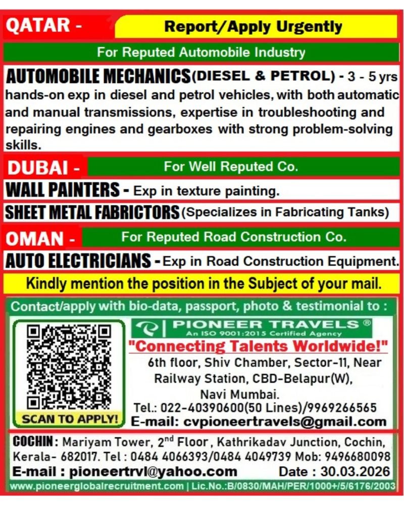 Urgent Hiring For Qatar,Dubai & Oman