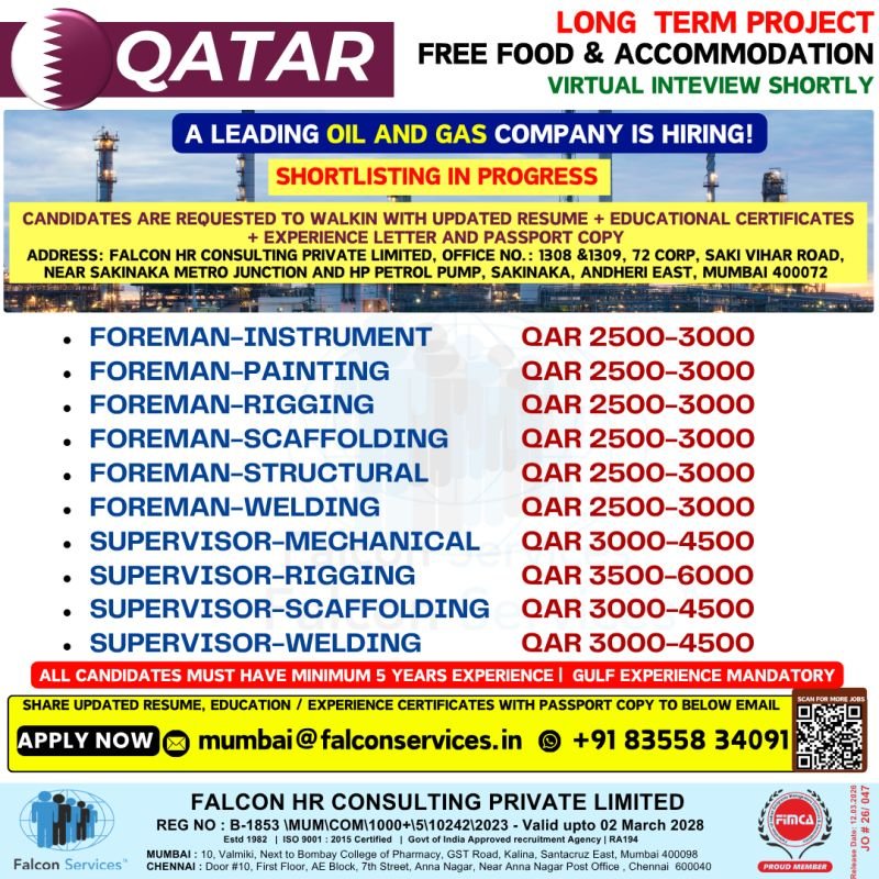 Qatar hiring – multiple foreman and supervisor roles for a long-term oil & gas project.
