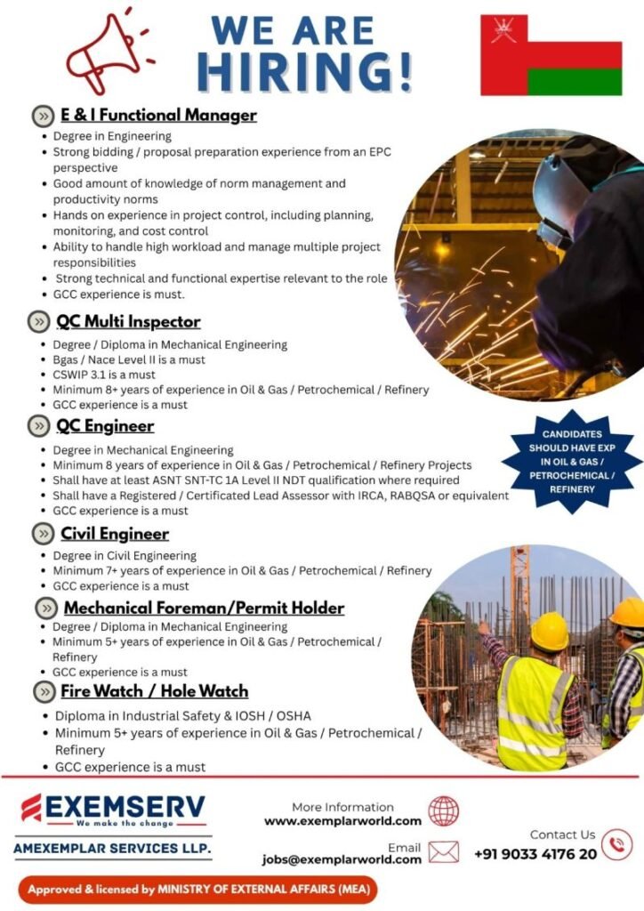Oman Jobs 2026: Hiring Engineers, QC Inspectors, Foreman & Safety Roles | Oil & Gas Sector Oman Jobs 2026: Hiring Engineers, QC Inspectors, Foreman & Safety Roles | Oil & Gas Sector