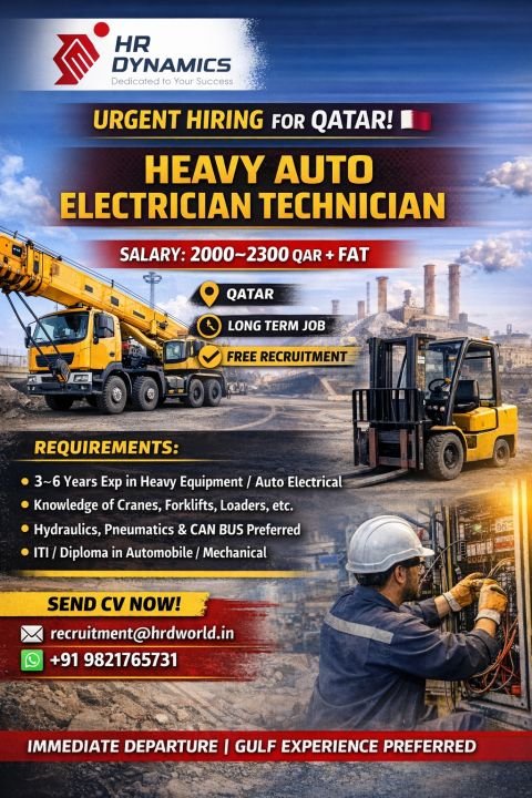 Heavy Auto Electrician Technician Jobs in Qatar – Free Recruitment | Apply Now