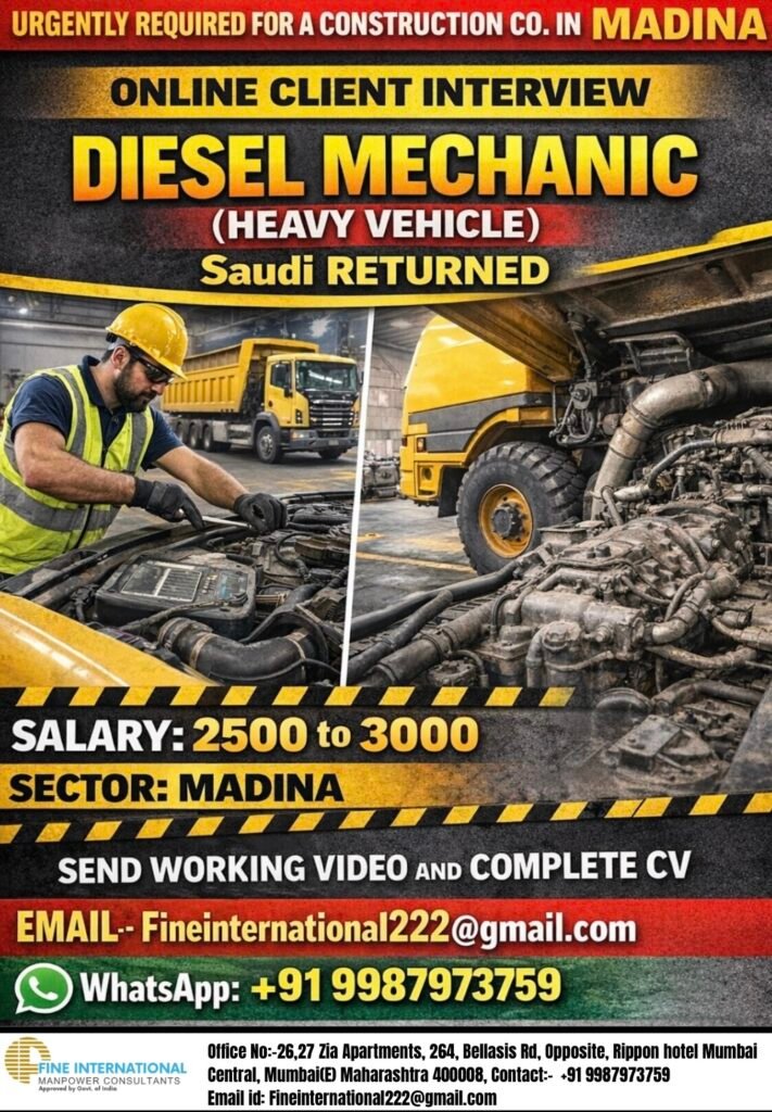 Saudi Arabia Jobs 2026 – Diesel Mechanic (Heavy Vehicle) Required in Madina | Salary 2500–3000 SAR | Online Interview