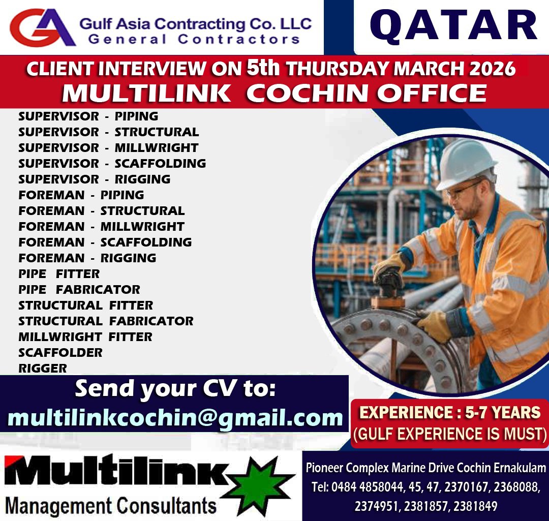 Qatar Gulf Asia Contracting Jobs 2026 – Supervisor & Foreman Vacancies in Piping, Structural, Millwright, Scaffolding & Rigging | Apply Now