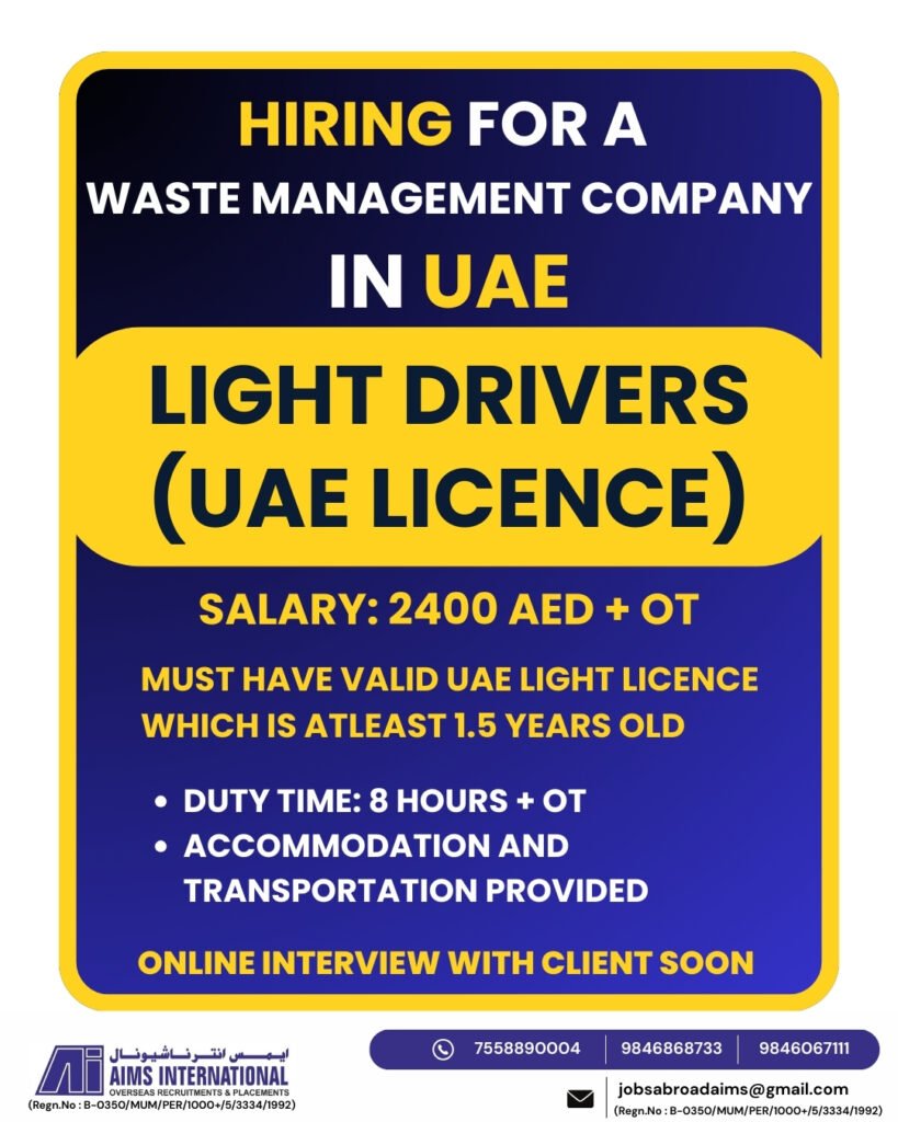 hiring experienced Light Drivers for a leading Waste Management Company in the UAE