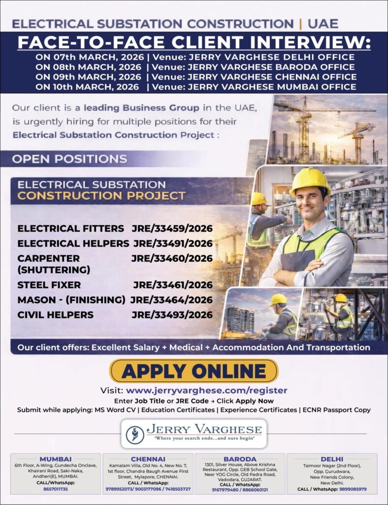 UAE Electrical Substation Construction Jobs 2026 – Face-to-Face Client Interview | Apply Online Now