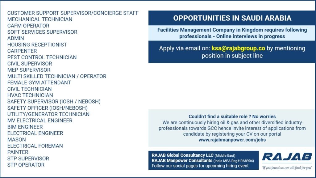 Jobs in Saudi Arabia 2026 – Facilities Management Jobs | Online Interviews Jobs in Saudi Arabia 2026 – Facilities Management Jobs | Online Interviews