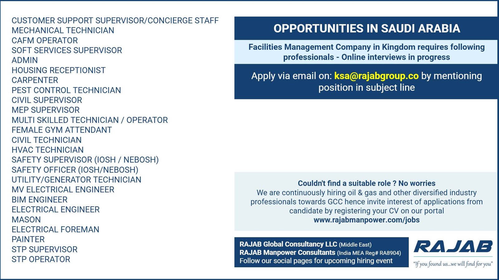 Jobs in Saudi Arabia 2026 – Facilities Management Jobs | Online Interviews