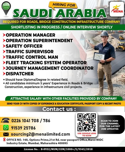Hiring for Saudi Arabia – Roads & Bridge Construction Project