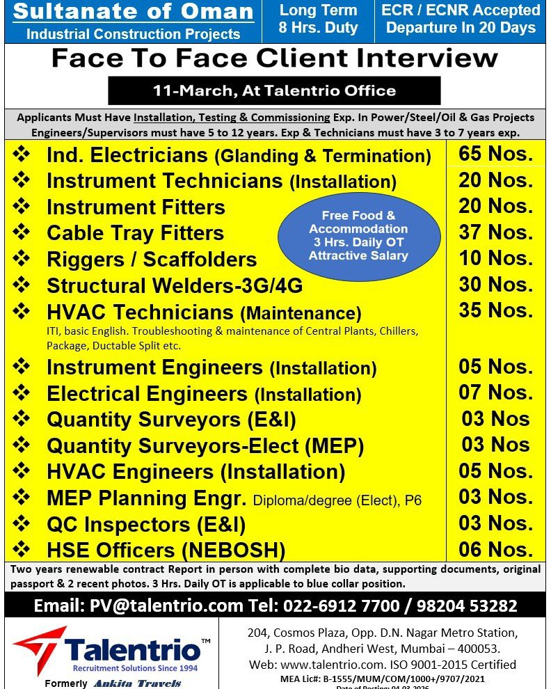 Oman Industrial Construction Jobs 2026: Electricians, Technicians, Engineers & Welders Hiring