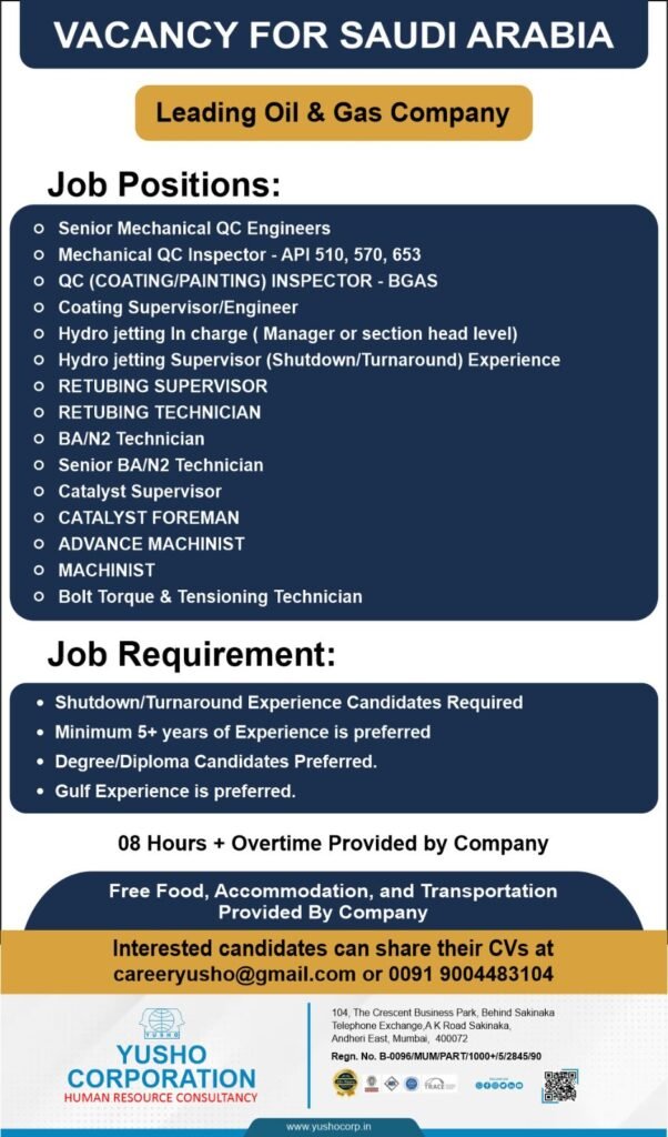 Saudi Arabia Oil & Gas Jobs 2026: Leading Company Hiring QC Engineers, Inspectors & Shutdown Experts Saudi Arabia Oil & Gas Jobs 2026: Leading Company Hiring QC Engineers, Inspectors & Shutdown Experts