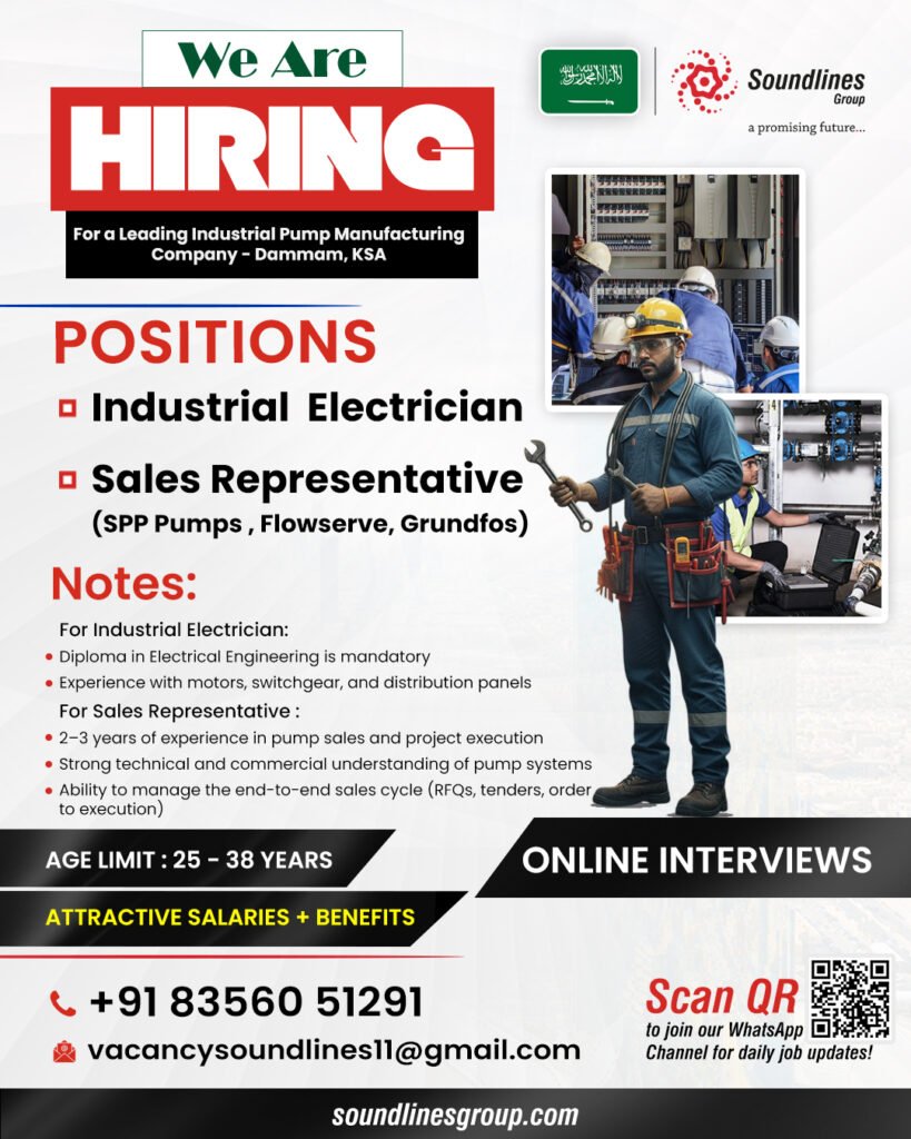 Saudi Arabia : Hiring For a Leading Industrial Pump Manufacturing Company - Dammam Saudi Arabia : Hiring For a Leading Industrial Pump Manufacturing Company - Dammam