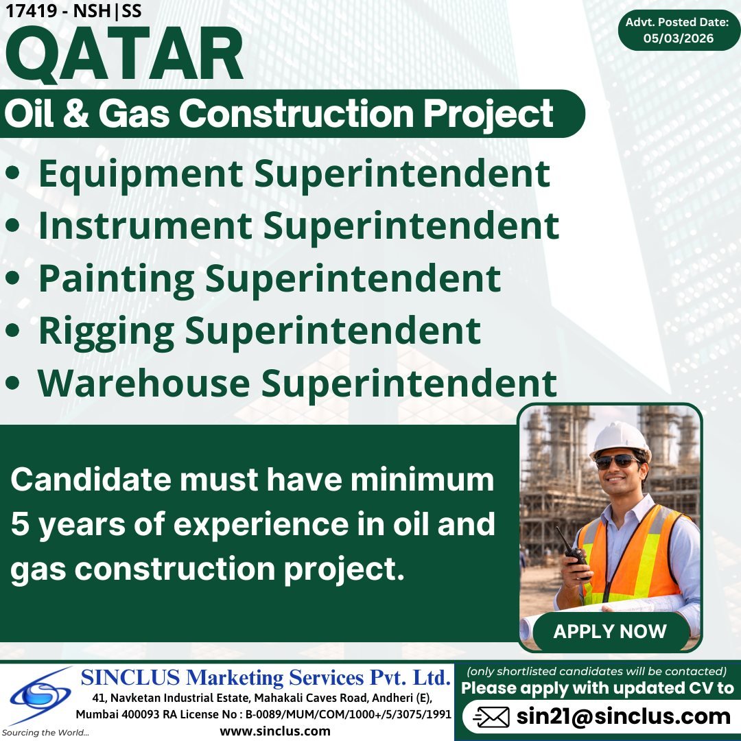 Hiring for Qatar – Oil & Gas Construction Project - Apply Online