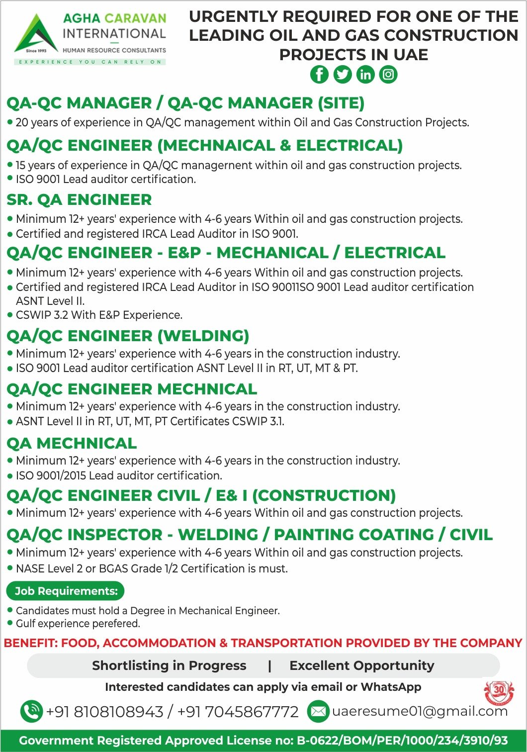 UAE Oil & Gas Construction Project Hiring 2026 – QA/QC Professionals Required