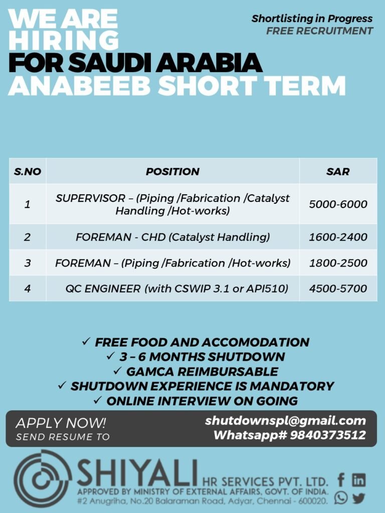 Saudi Arabia Shutdown Jobs 2026: Hiring For Anabeeb short-term project