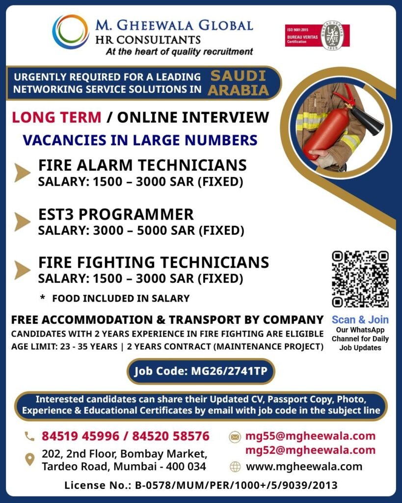 Saudi Arabia Fire Alarm & Fire Fighting Jobs 2026: Apply Now