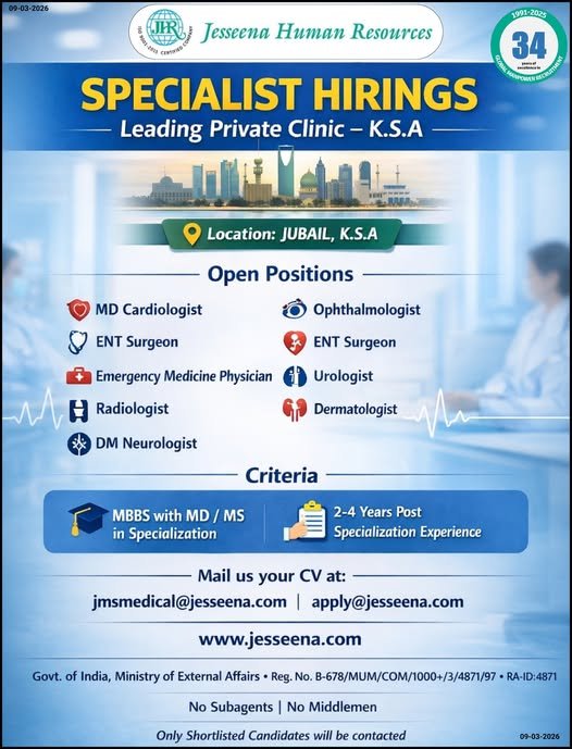 Specialist Hirings for a Leading Private Clinic in Saudi Arabia - Apply Now