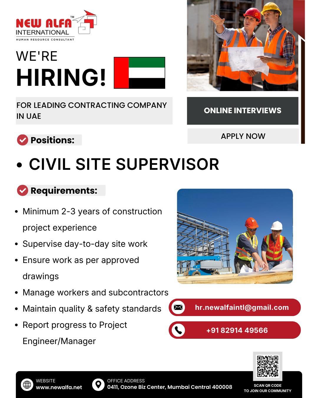 UAE : hiring Civil Site Supervisors 