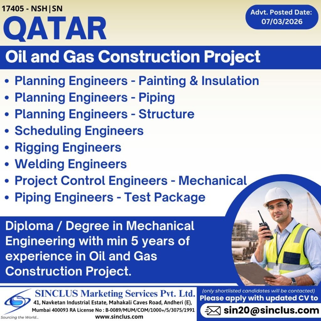Hiring Urgent For Qatar | Oil & Gas Construction Project - Apply Now