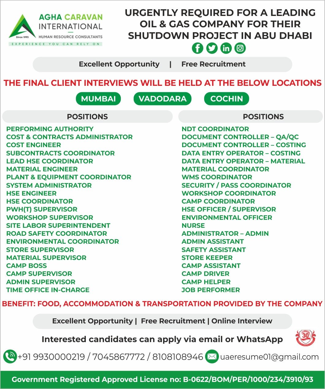 UAE Abu Dhabi Oil & Gas Shutdown Project Jobs 2026 - Apply Urgently