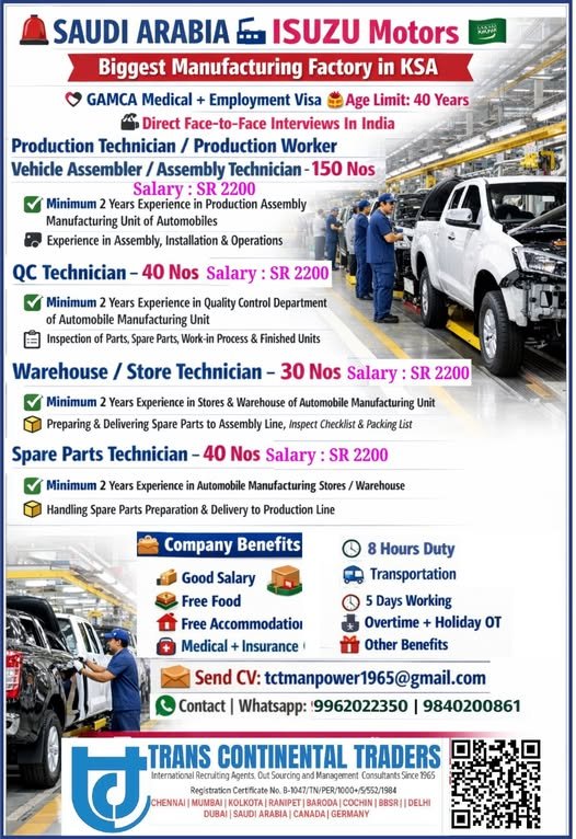 Isuzu Motors Saudi Arabia Jobs – Production Worker, QC Technician and Warehouse Technician Hiring