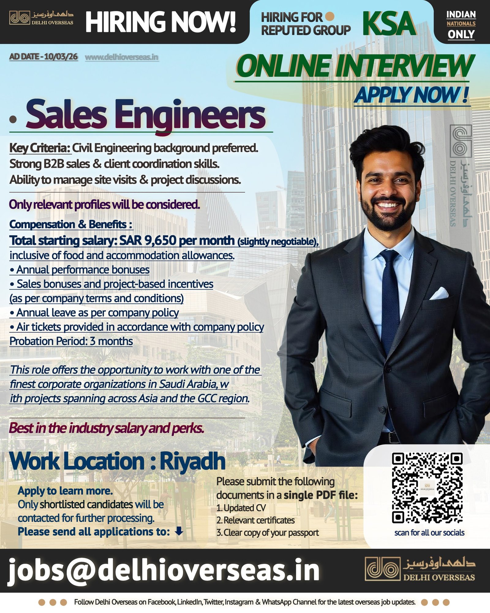Recruiting Sales Engineers for a reputed corporate group in Saudi Arabia.