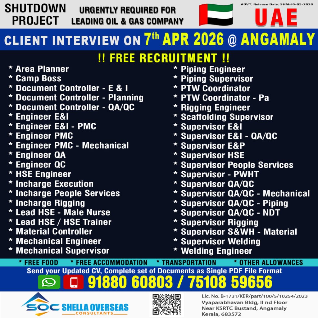 UAE Shutdown Project Jobs 2026: Urgent Free Recruitment for Leading Oil & Gas Company 